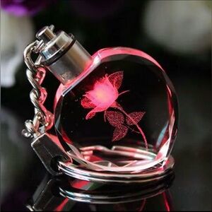 Rose Flower Crystal Heart LED Light Keychain - Red